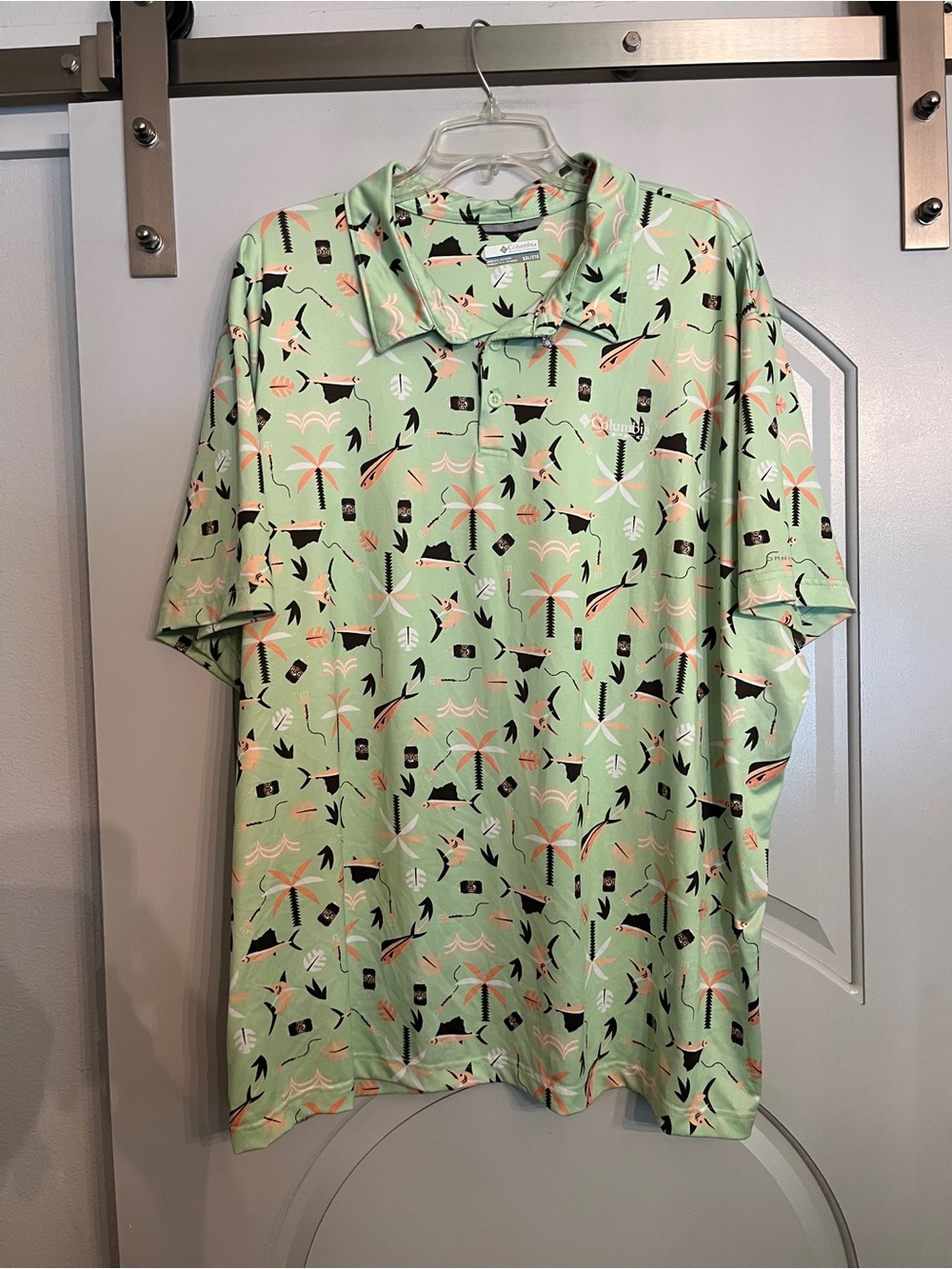 Columbia PFG Mint Green Tropical fishing Print Polo Shirt. GUC!